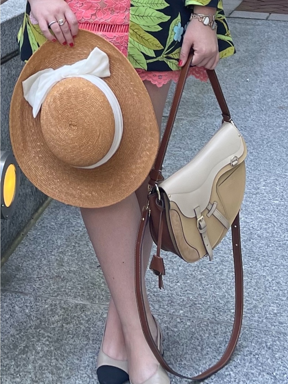 Two-Tone Cream and Tan Saddle Shoulder Bag